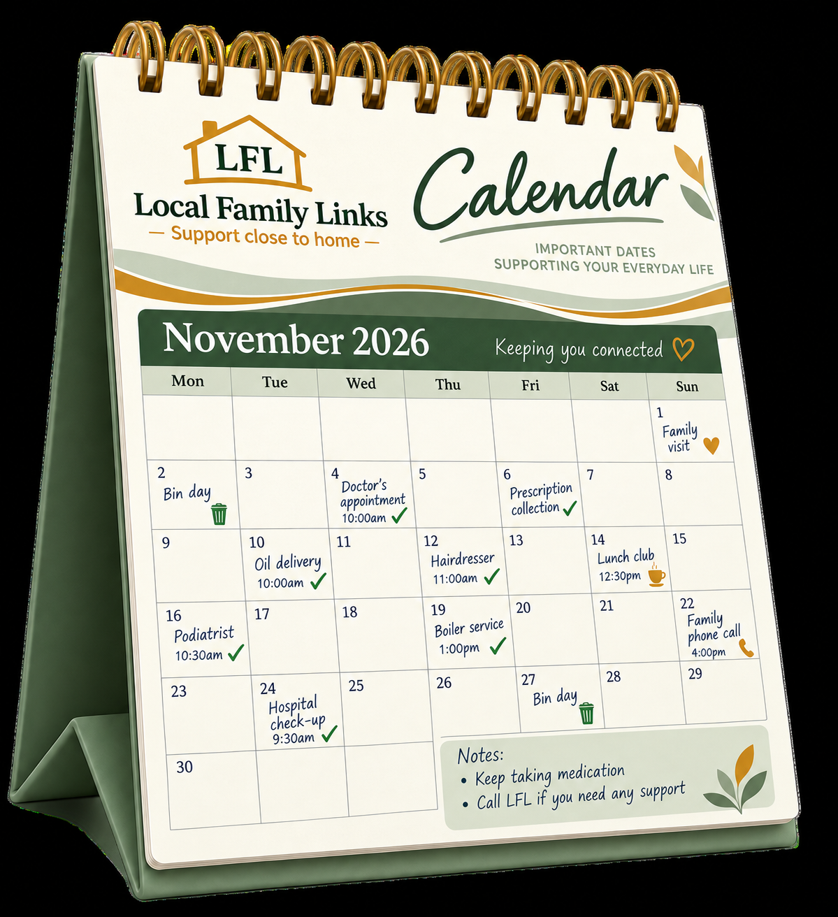 Local Family Links personal calendar showing appointments, household dates and reminders